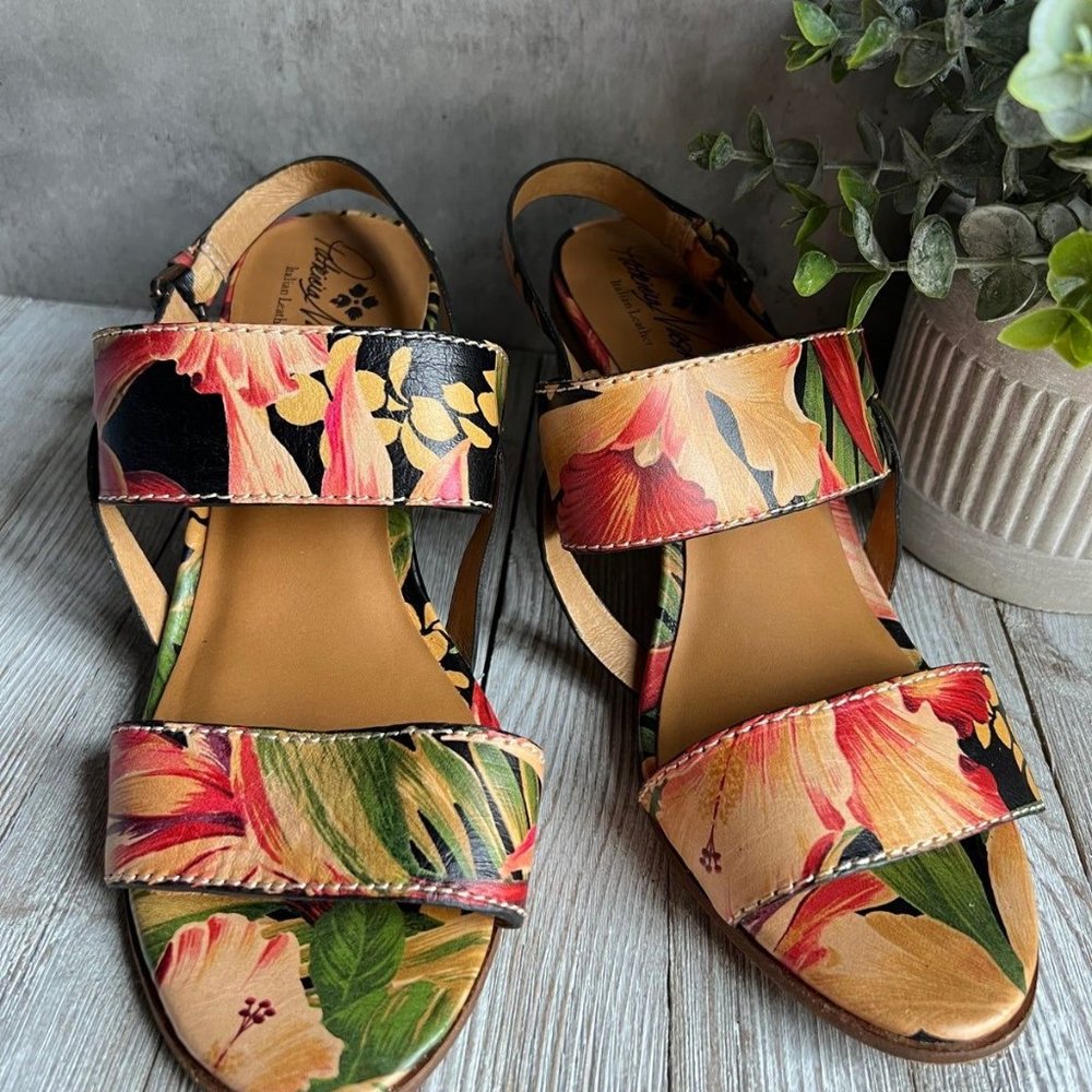 Patricia Nash Floral Multicolor Heeled Sandals - Black, Red, Green, Cream